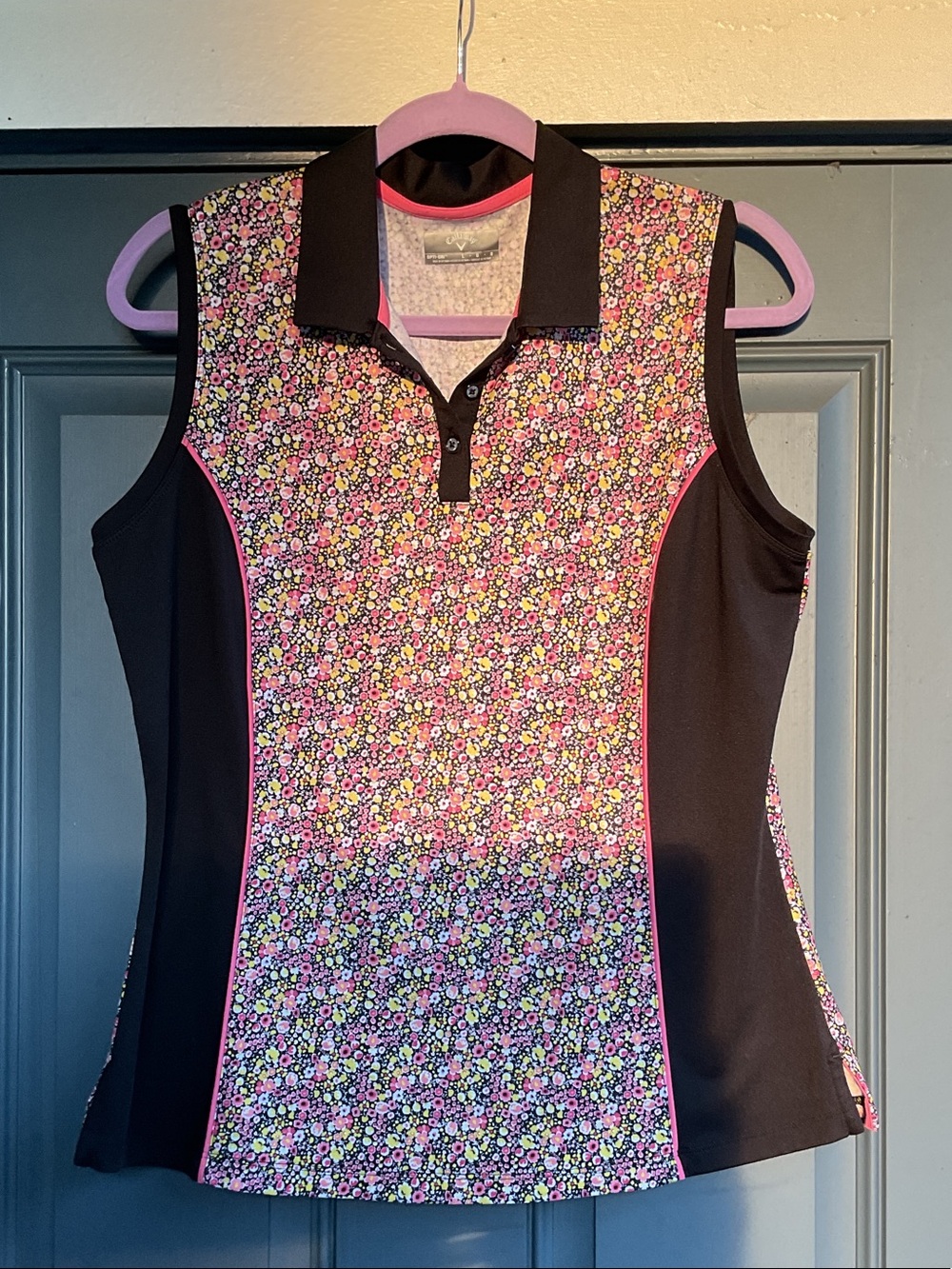 Callaway Black & Pink Floral Golf Polo Tank, Size L